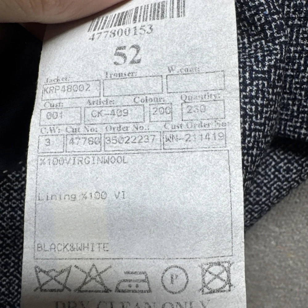 Ramsey Sartoria Guabello Super 110s Wool Blazer Black White Microcheck Men's 42R